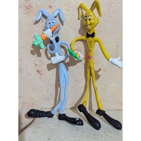 Bendable Cartoon Rabbit Figurines - Vintage 1990s Toy Pair with carrots Yellow b - Picture 1 of 4